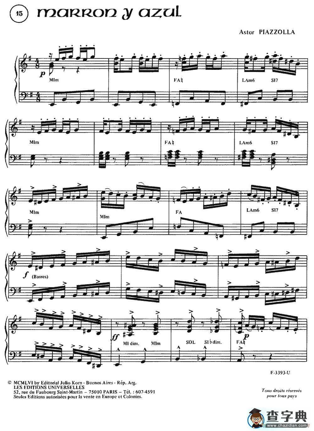 Piazzolla合集：15、Marron Y Azul手风琴谱/简谱