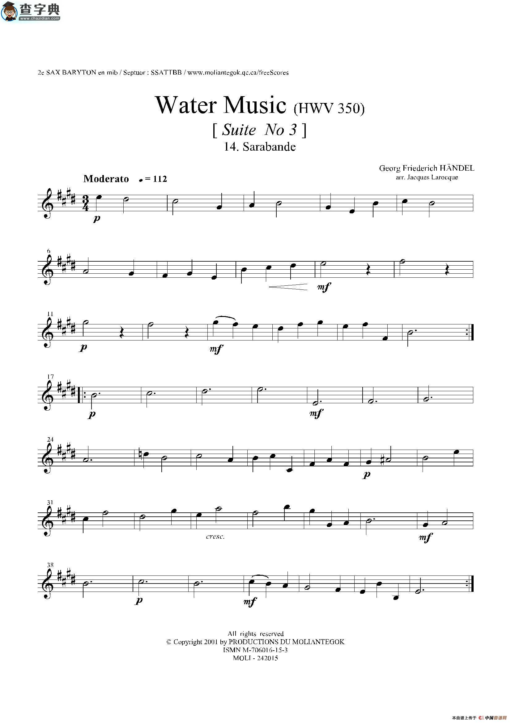 water music（hwv.350 no.3）（第二上低音萨克斯）萨克斯谱
