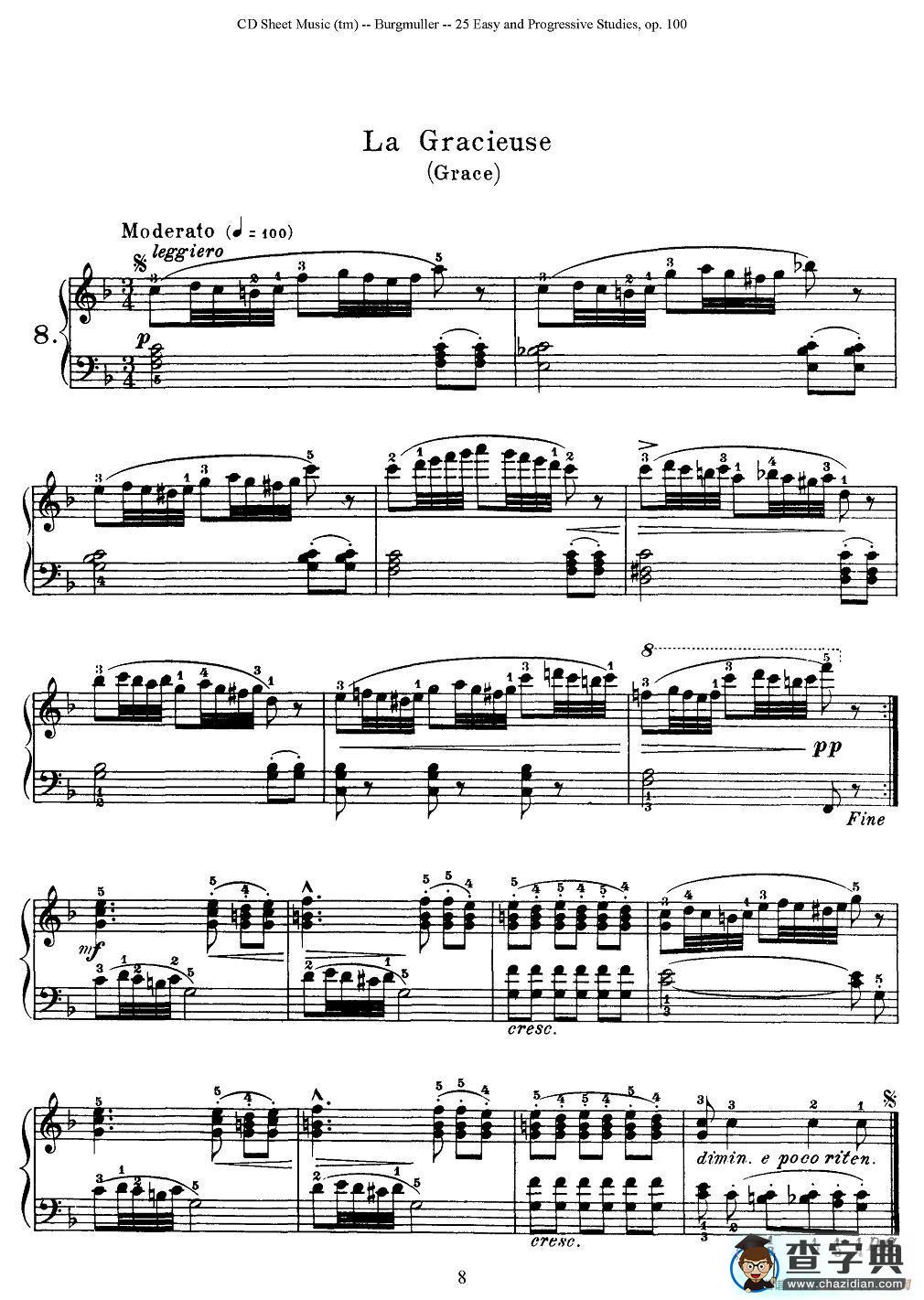 布尔格缪勒-25首钢琴进阶练习曲 Op.100（8、美资）钢琴谱
