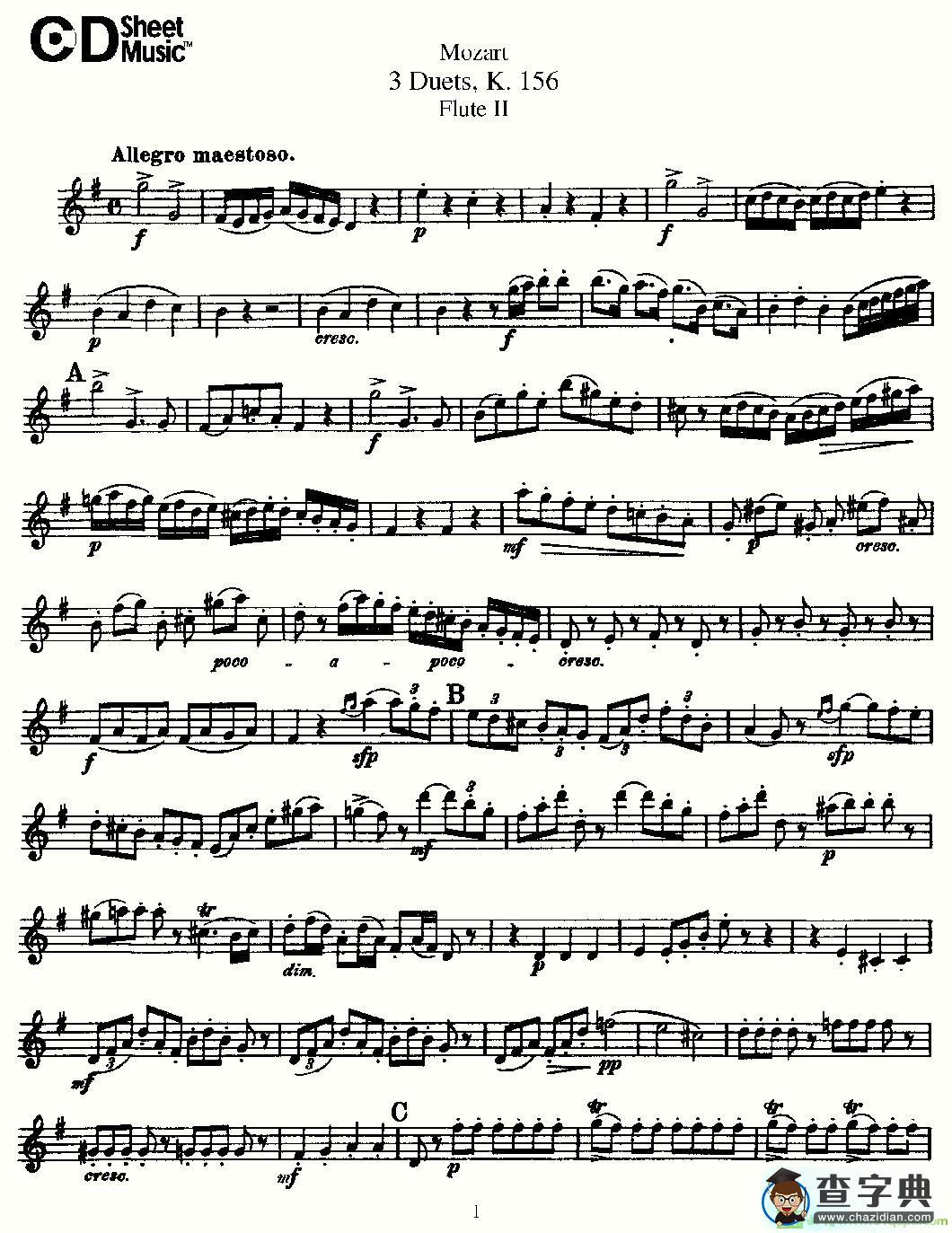 3 Duets K.156 之第二长笛长笛谱(Mozart作曲)