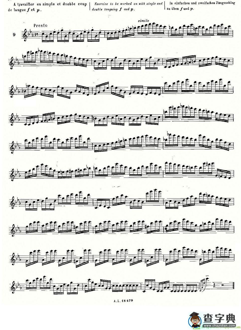基于维尼亚夫斯基练习曲的10首长笛练习曲之9长笛谱(莫伊斯Moyse作曲)