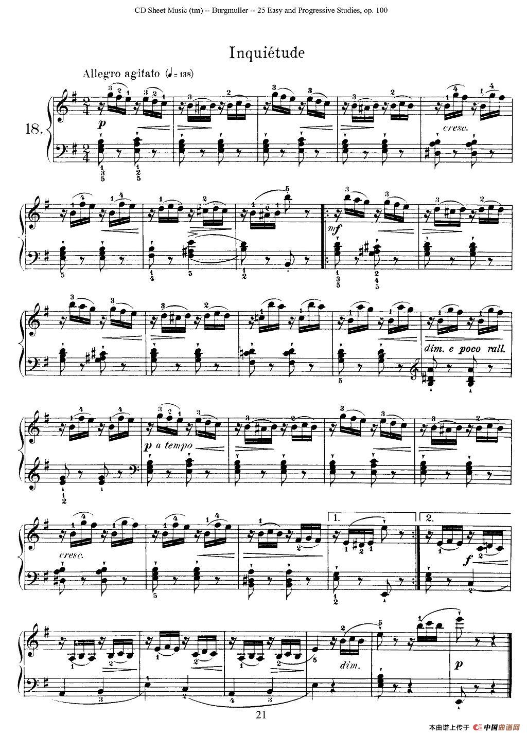 布尔格缪勒-25首钢琴进阶练习曲 Op.100（18、烦恼）钢琴谱