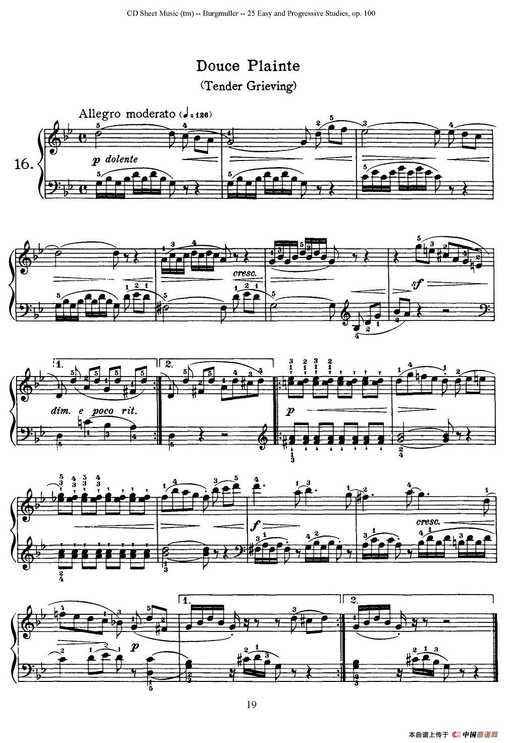 布尔格缪勒-25首钢琴进阶练习曲 Op.100（16、忧伤）钢琴谱