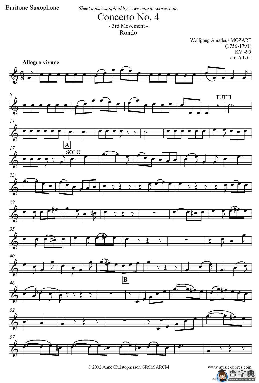 Mozart：Concerto KV495 No.4-3st Rondo 回旋曲（上低音萨克斯）萨克斯谱
