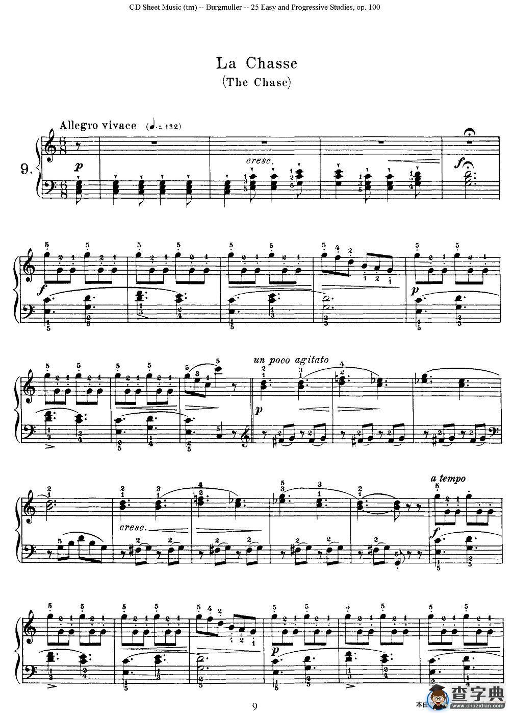 布尔格缪勒-25首钢琴进阶练习曲 Op.100（9、行猎）钢琴谱