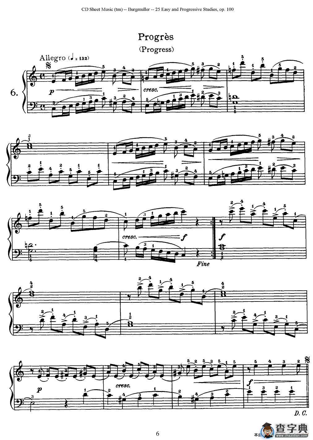 布尔格缪勒-25首钢琴进阶练习曲 Op.100（6、前进）钢琴谱