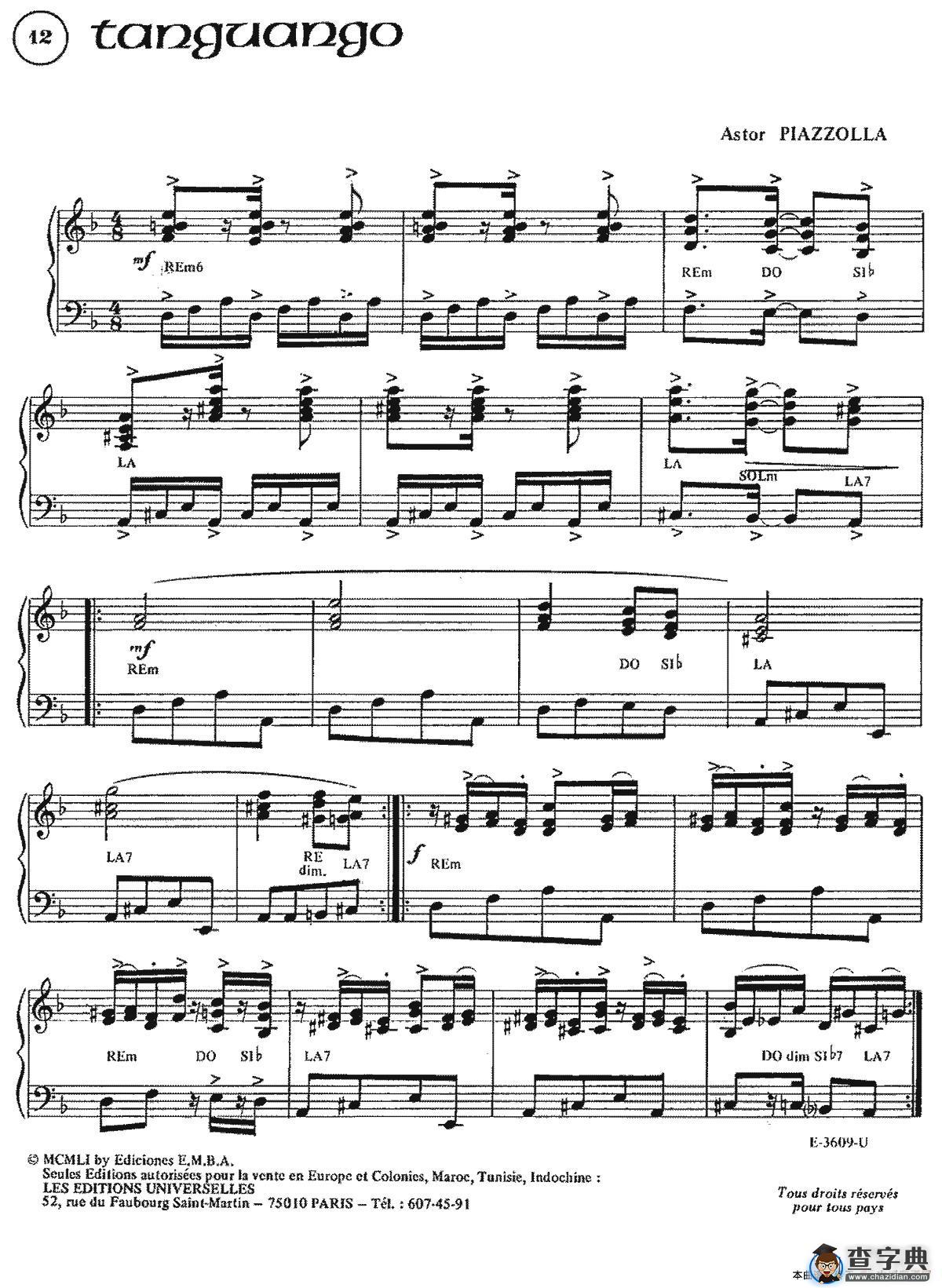 Piazzolla合集：12、Tanguango手风琴谱/简谱