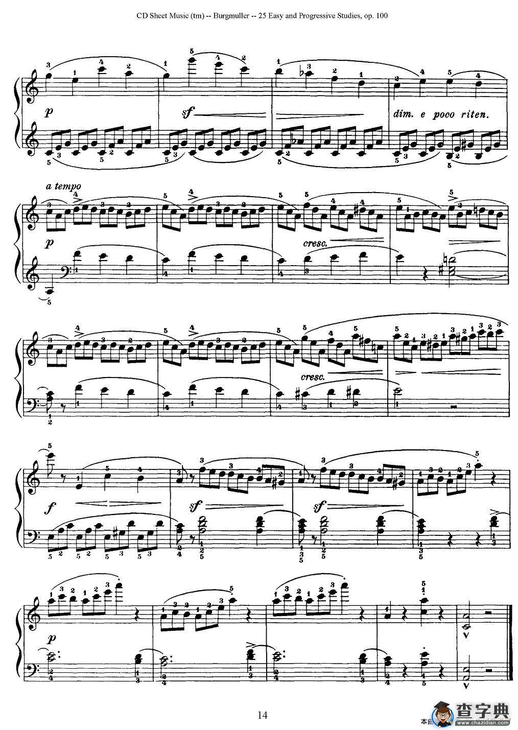 布尔格缪勒-25首钢琴进阶练习曲 Op.100（12、再会）钢琴谱