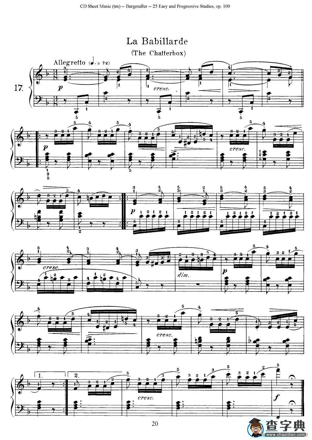 布尔格缪勒-25首钢琴进阶练习曲 Op.100（17、饶舌）钢琴谱