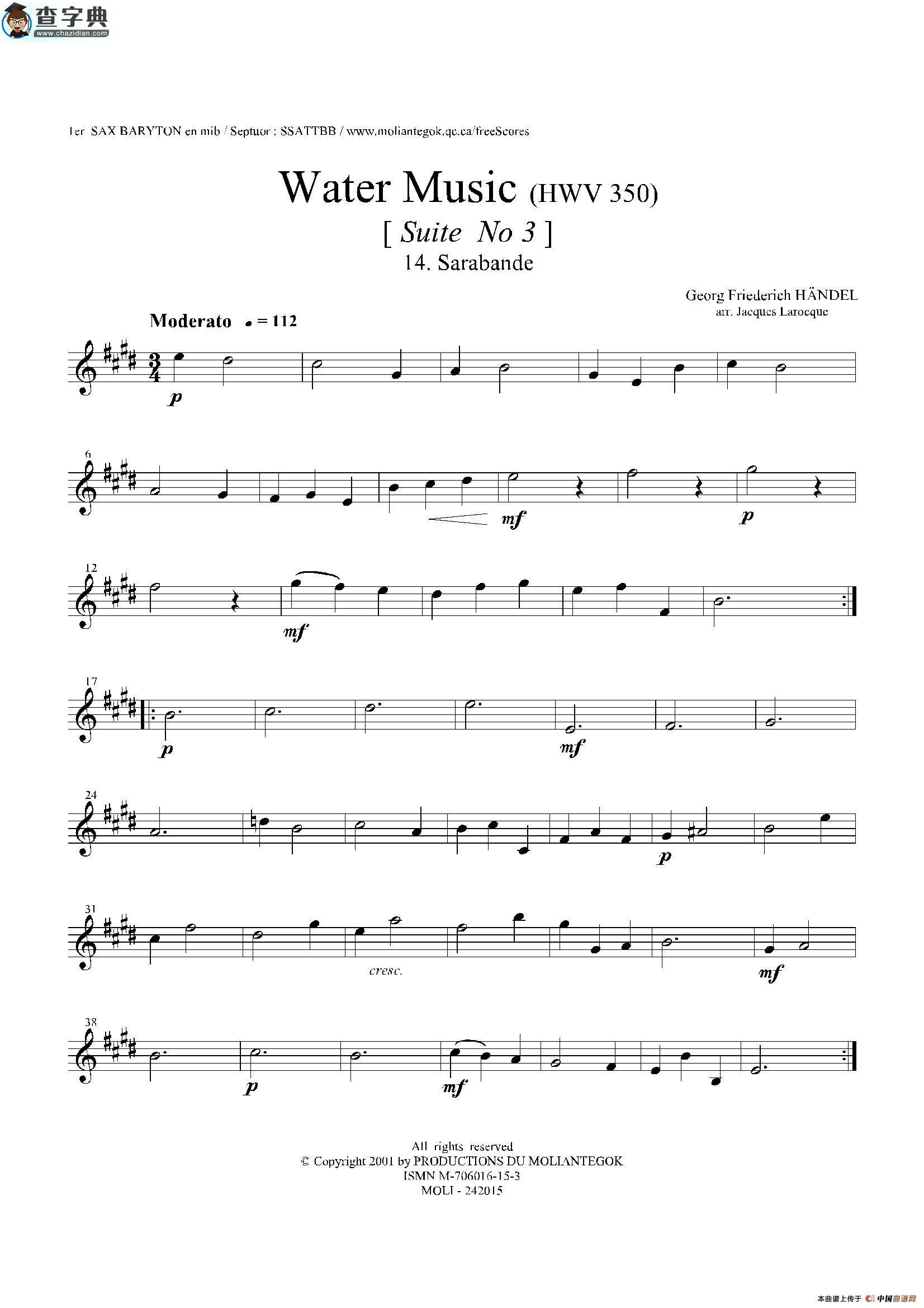 water music（hwv.350 no.3）（第一上低音萨克斯）萨克斯谱