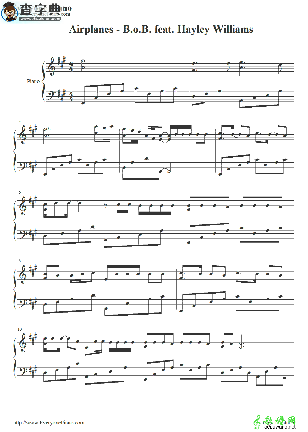 【Airplanes钢琴谱】Airplanes双手钢琴简谱