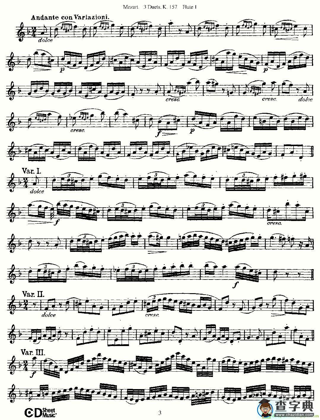3 Duets K.157 之第一长笛长笛谱(Mozart作曲)