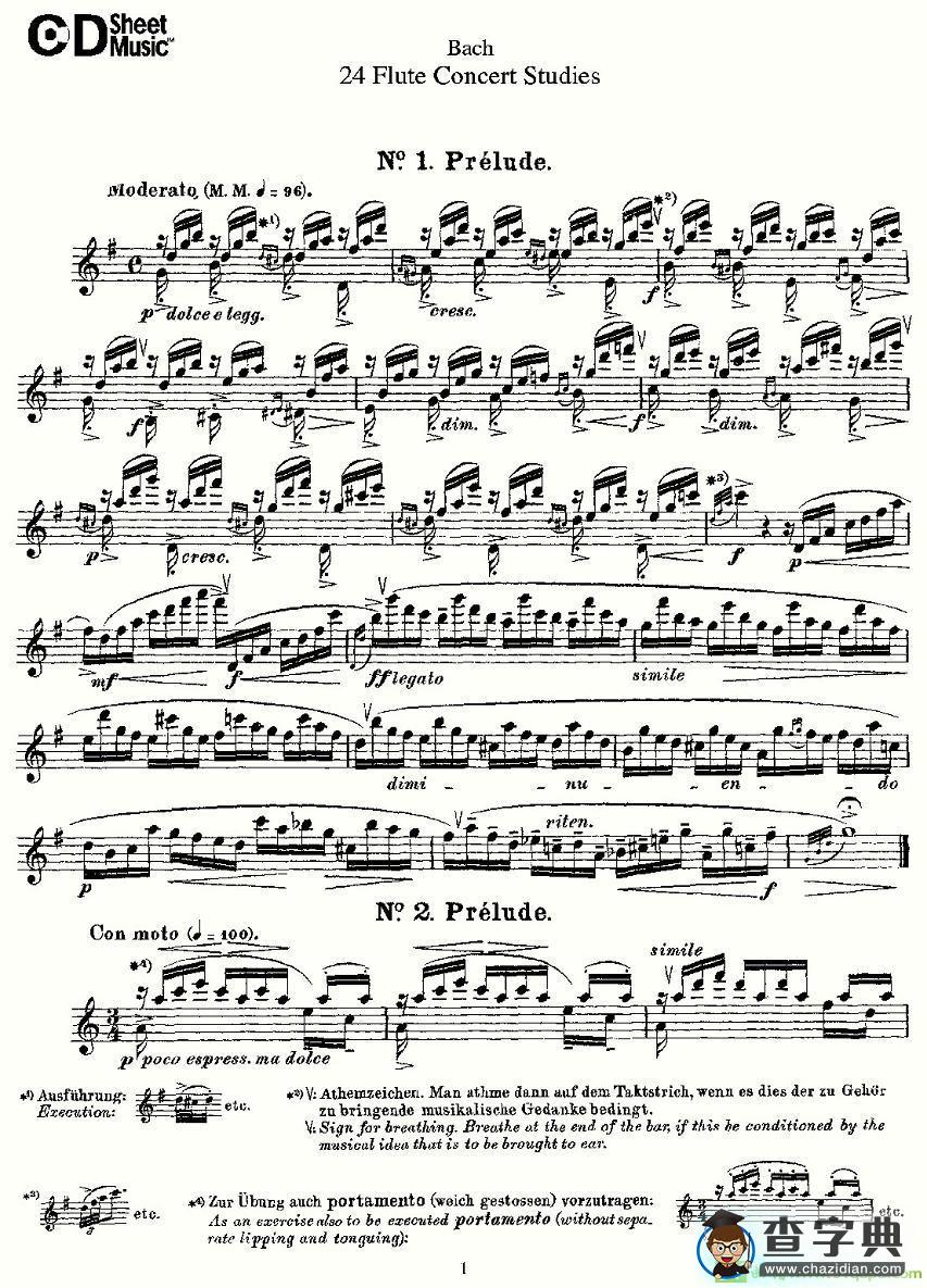 Bach-24 Flutc Concert Studies 之1—5长笛谱(Bach（巴赫）作曲)