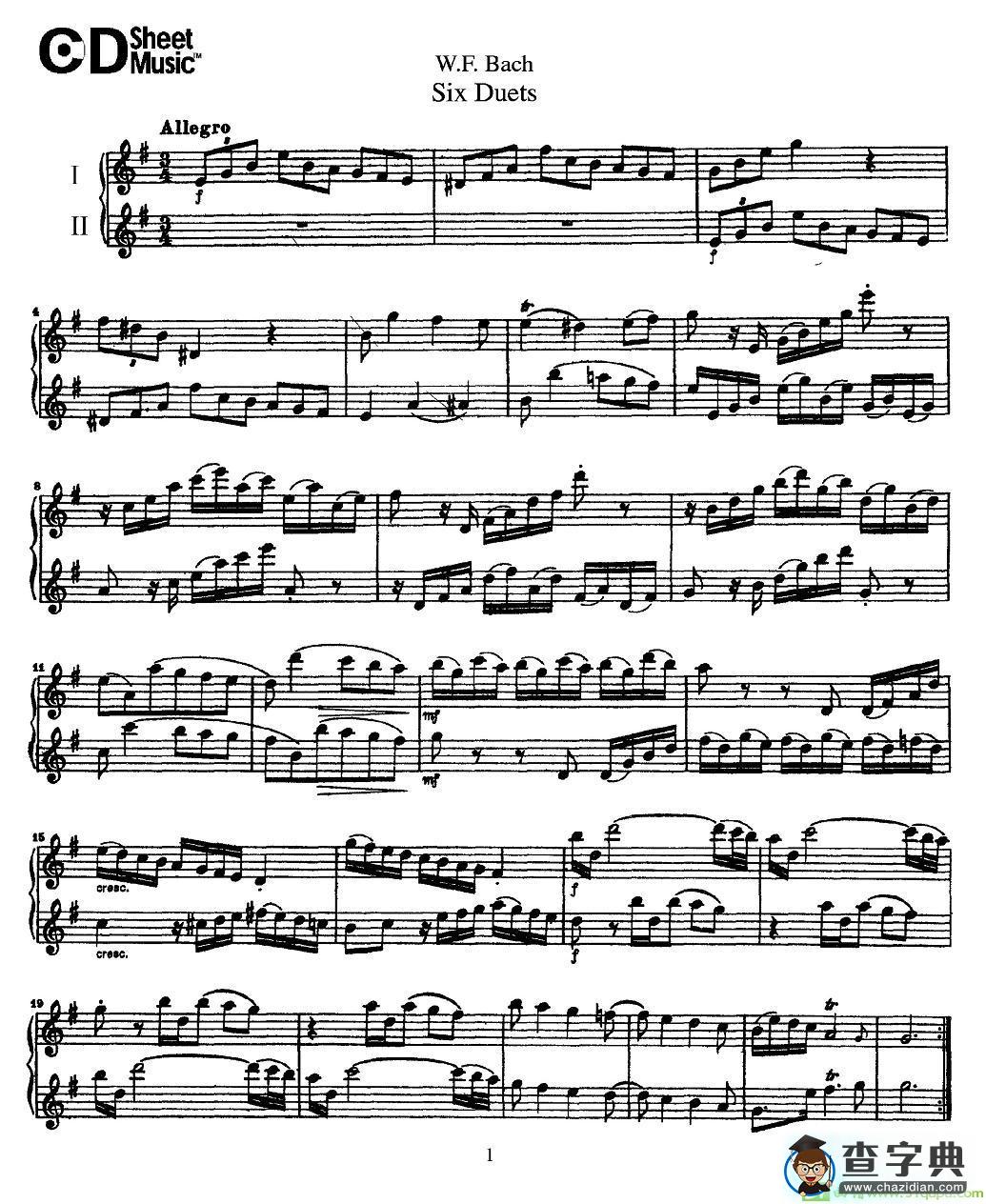 W.F.巴赫—六首二重奏练习曲长笛谱(W.F.巴赫作曲)