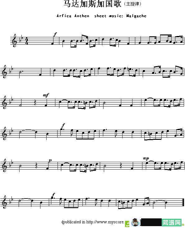 各国国歌主旋律：马达加斯加简谱