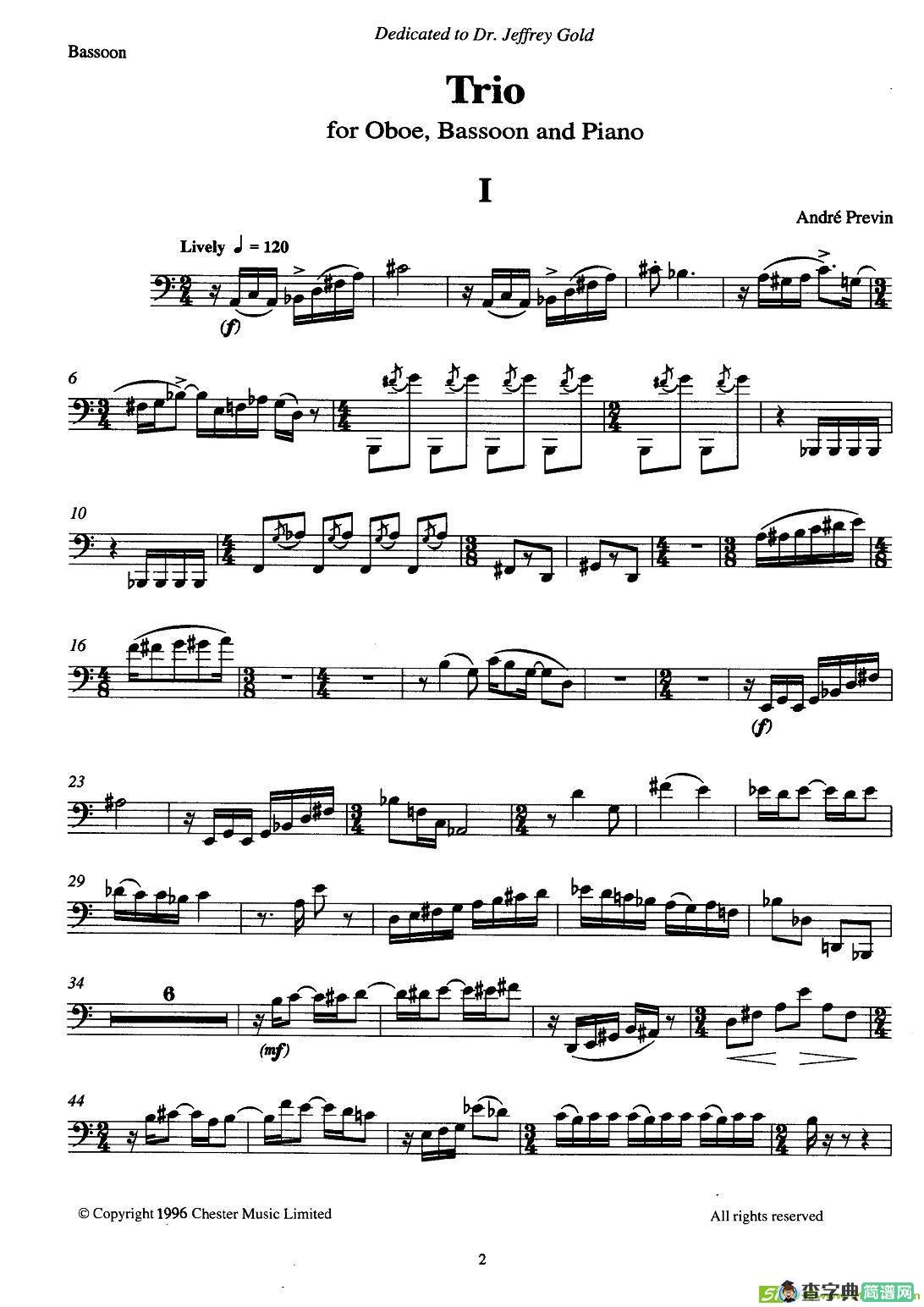 巴松双簧管与钢琴三重奏铜管谱(安德列·普列文作曲)