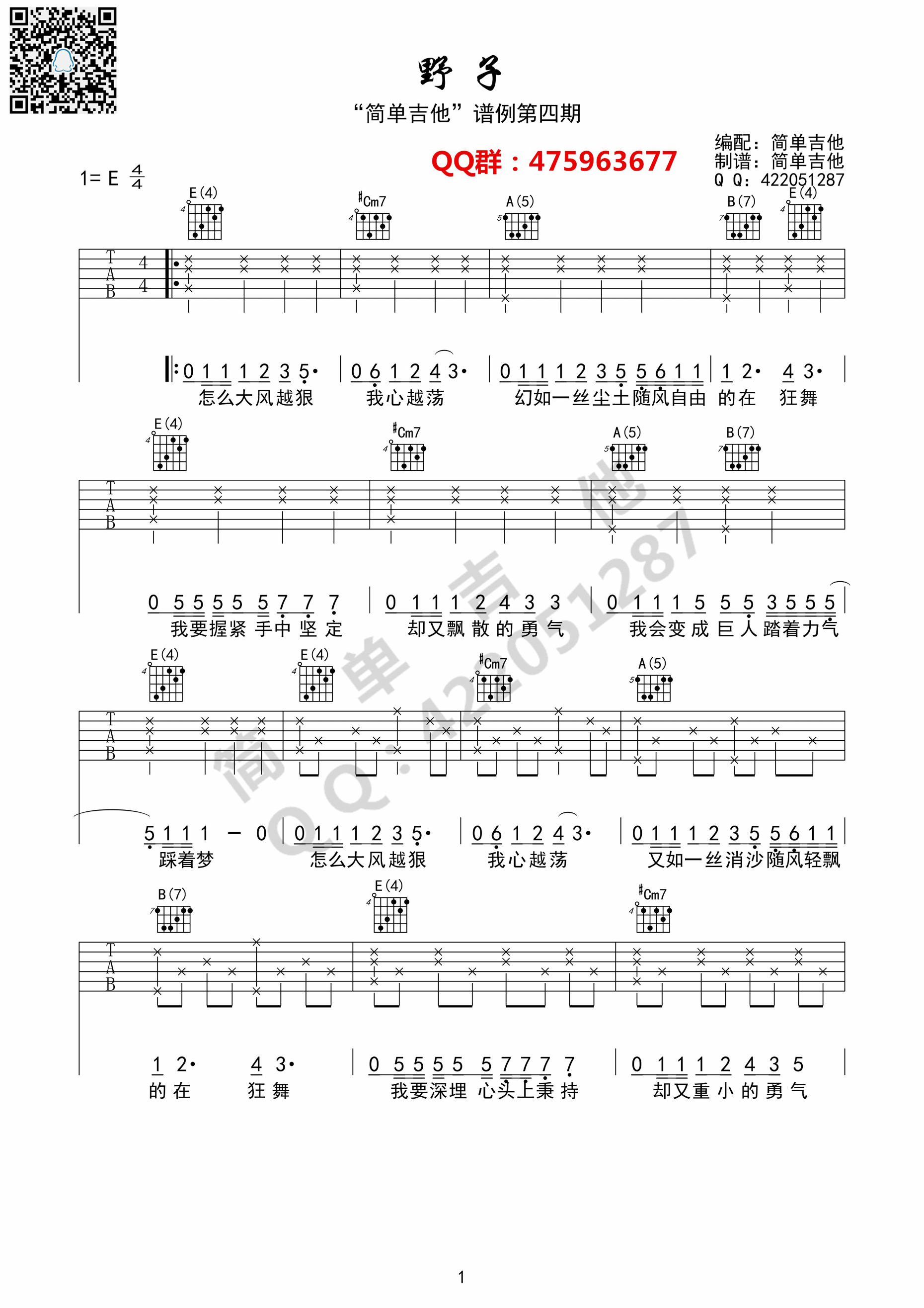 野子吉他谱 沙宝亮版（完美弹唱谱）