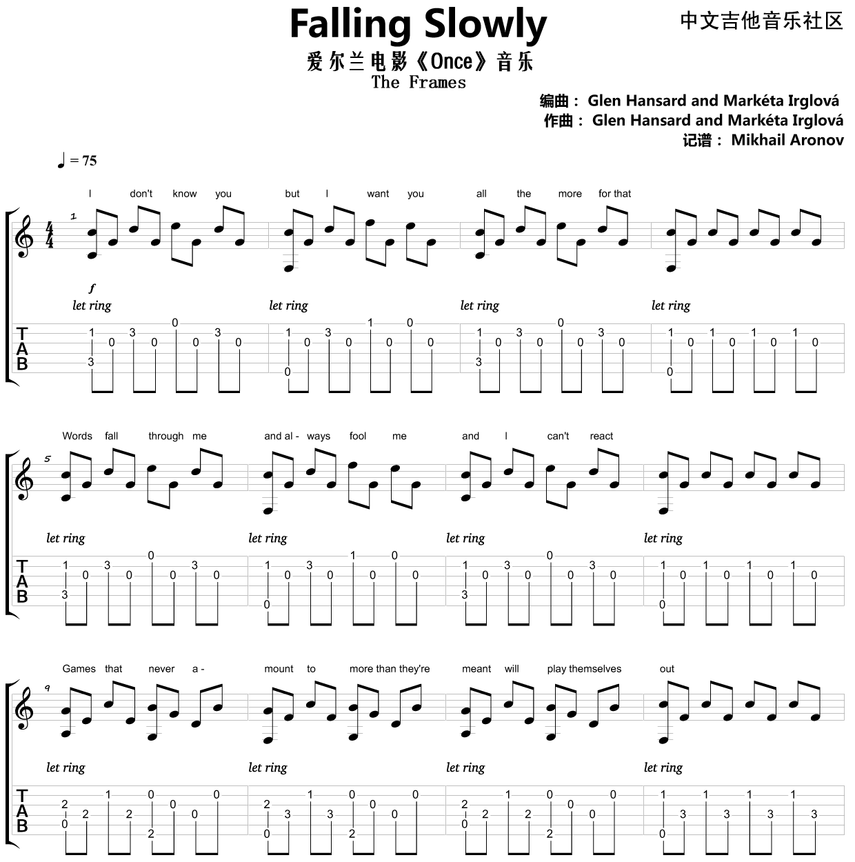 Falling Slowly吉他谱_Glen Hansard,Marketa Irglova_C调弹唱89%专辑版 - 吉他世界