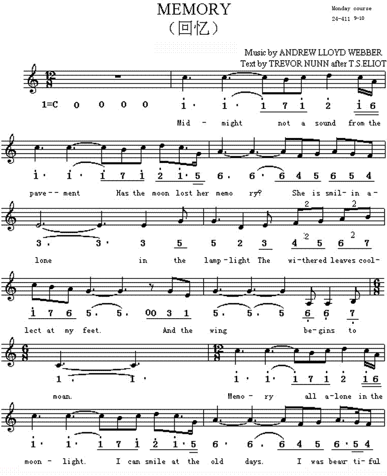 memory.钢琴谱（分页）[音乐剧猫]